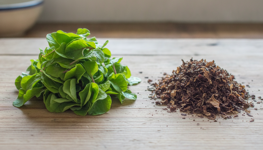 A comparison image showing fresh green amaranth leaves on one side and dried crumbled amaranth leaves on the other both