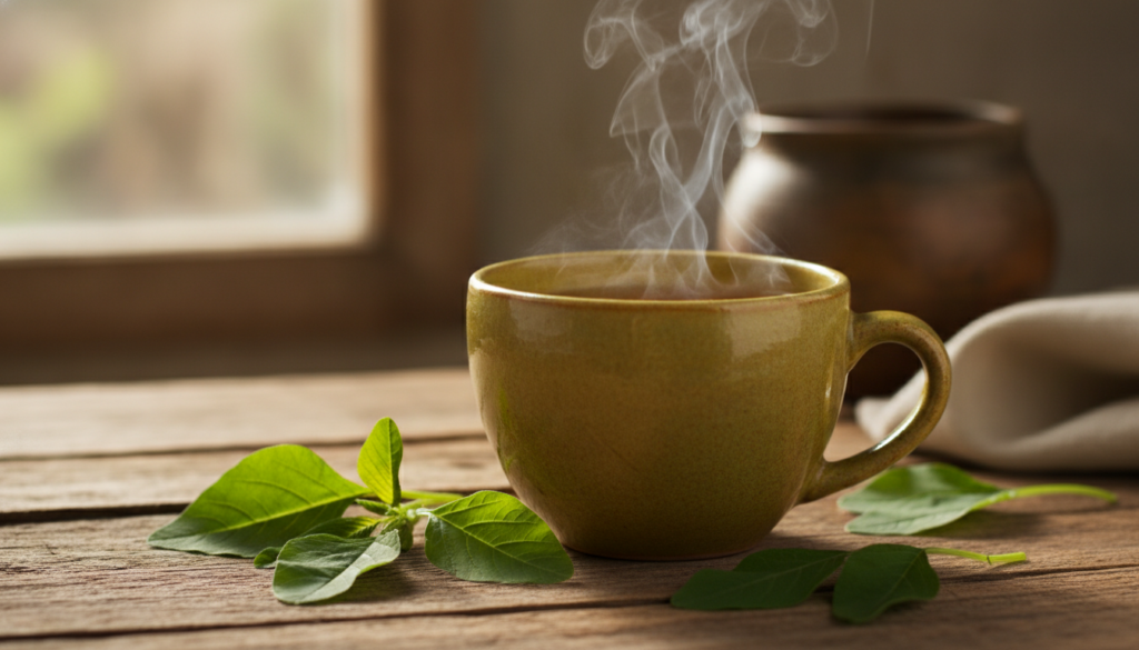 A cup of golden-green amaranth tea with steam rising a few fresh amaranth leaves on the side on a rustic wooden table