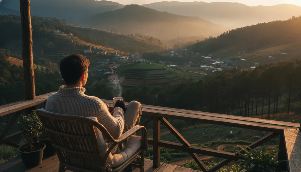 A person sitting comfortably on the rooftop viewpoint at Floating Town in Da Lat looking out over the expansive green va