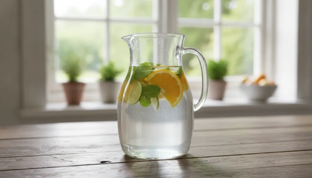A clear glass pitcher filled with water thinly sliced oranges and limes Fresh mint sprigs are also visible suggesting in