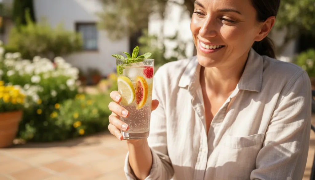 A person smiling while holding a glass of citrus-infused water outdoors on a sunny day conveying refreshment and healthy