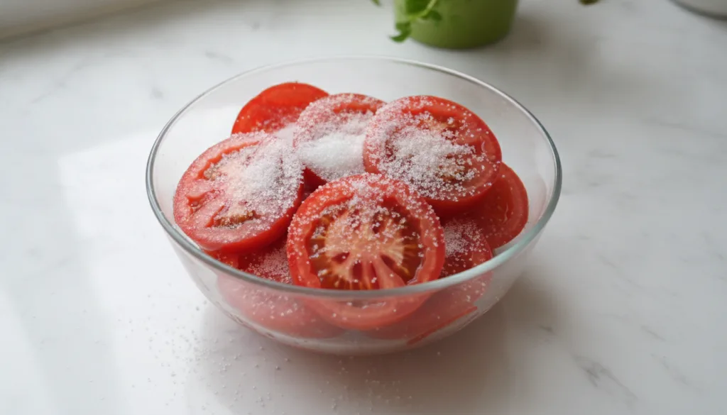 A bowl of sliced red tomatoes lightly sprinkled with white sugar ready to be eaten The tomatoes are glistening indicatin