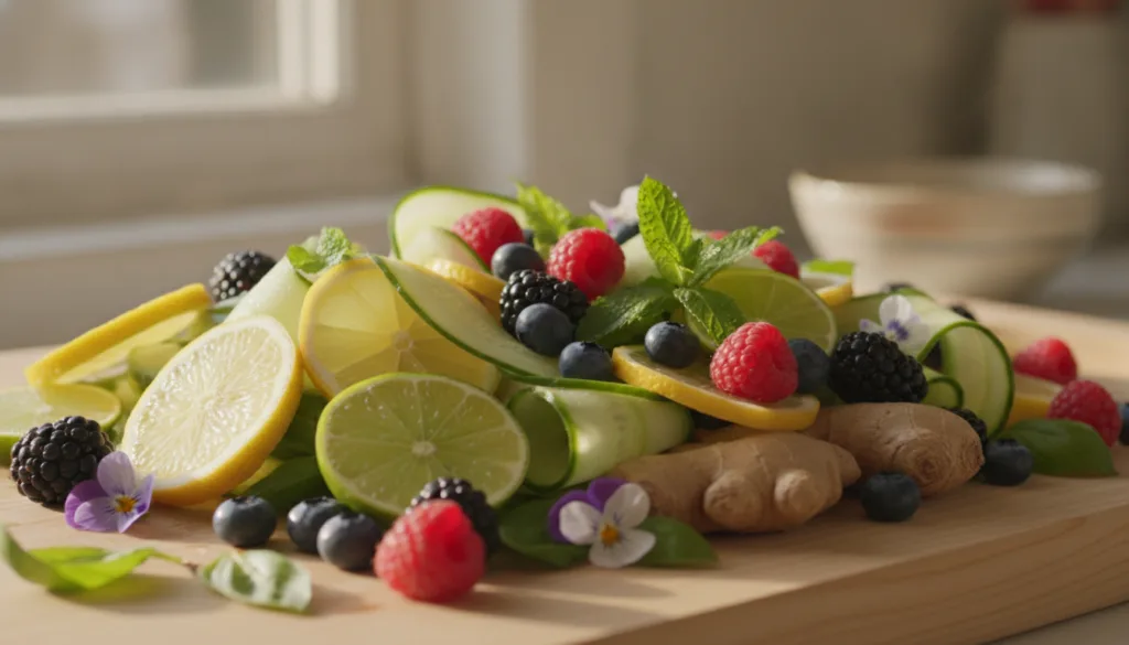 Assortment of fresh fruits herbs and spices commonly used for healthy drinks arranged on a wooden surface