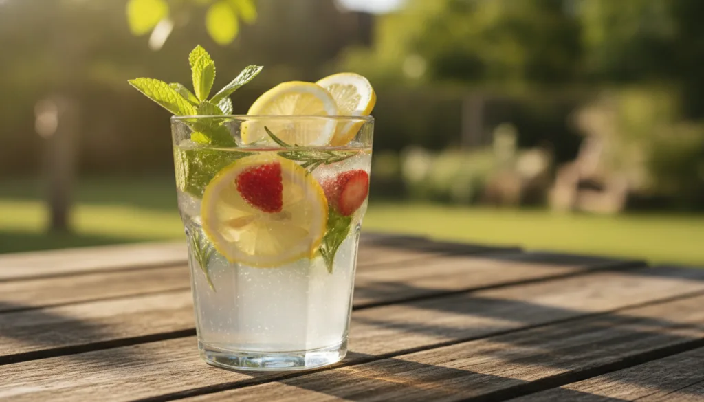 A clear glass filled with a refreshing fruit and herb infused water on a sunny outdoor table