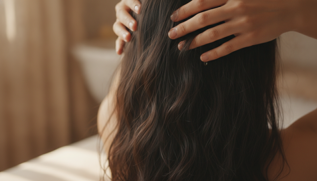 A person gently massaging natural hair oil into their scalp and hair demonstrating proper application