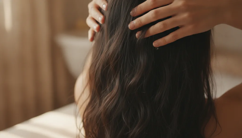 A person gently massaging natural hair oil into their scalp and hair demonstrating proper application