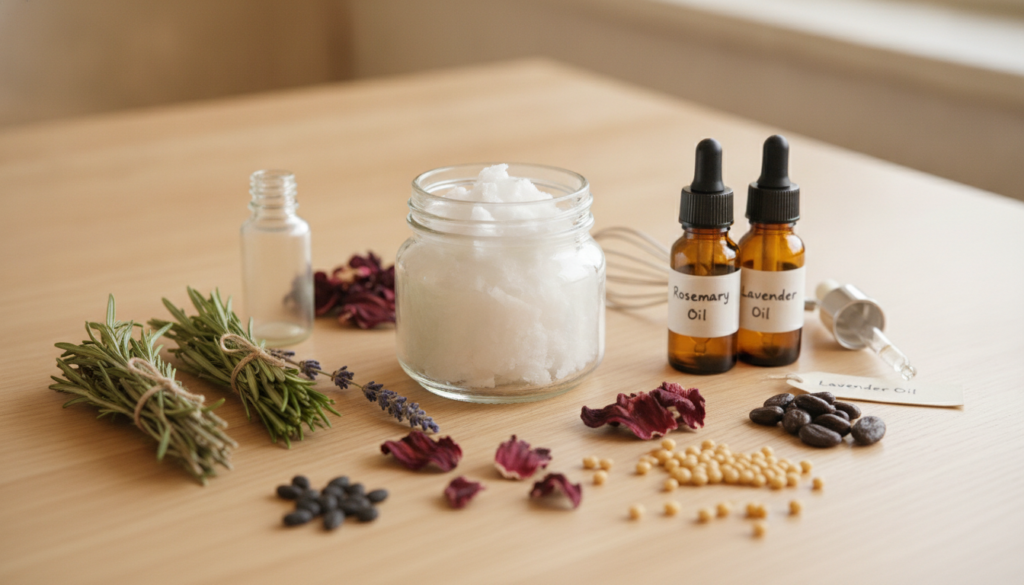 Various natural ingredients for hair oil including a jar of coconut oil dried herbs and small bottles of essential oils