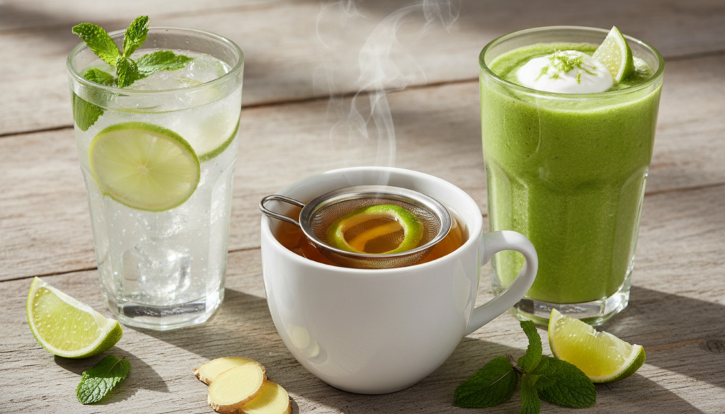 A variety of healthy lime-infused drinks such as lime water with mint lime and ginger tea and a lime smoothie arranged a