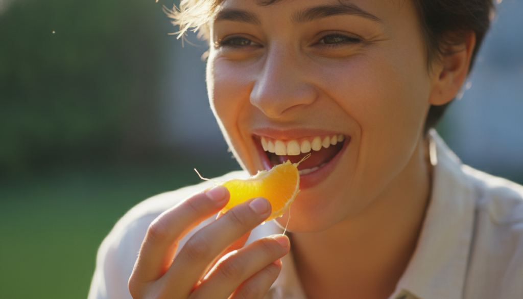 A happy person enjoying an orange segment outdoors in natural light reflecting good health