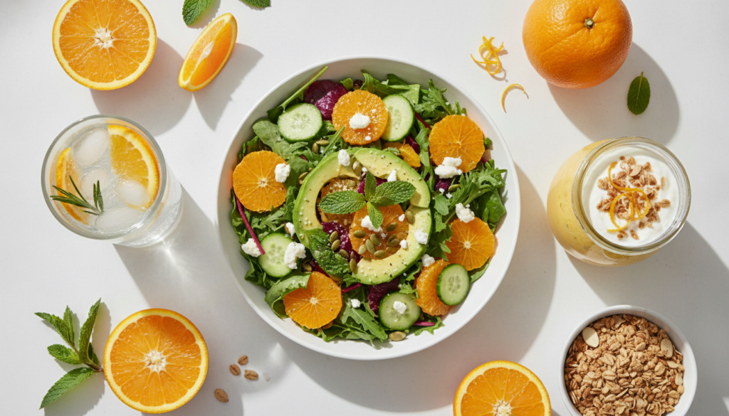 Various healthy dishes and drinks featuring oranges a salad with orange segments orange slices in water and an orange sm
