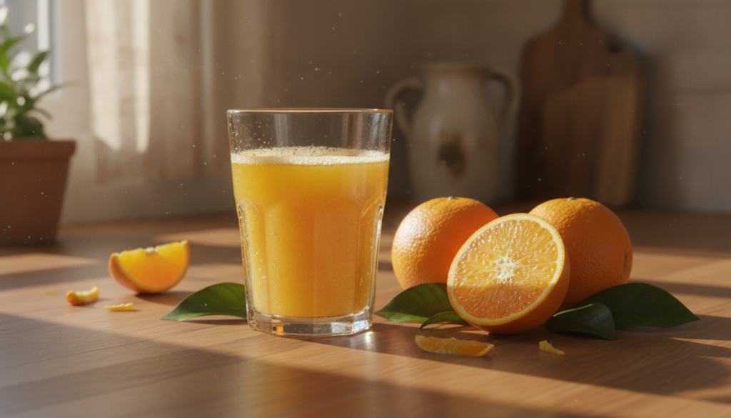 A refreshing glass of freshly squeezed orange juice with whole oranges and green leaves in the background