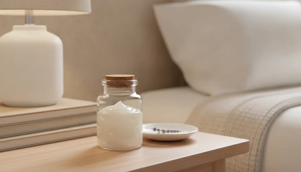 A small clean glass jar filled with the prepared creamy mixture of Vaseline and baby oil with a subtle glow on a bedside