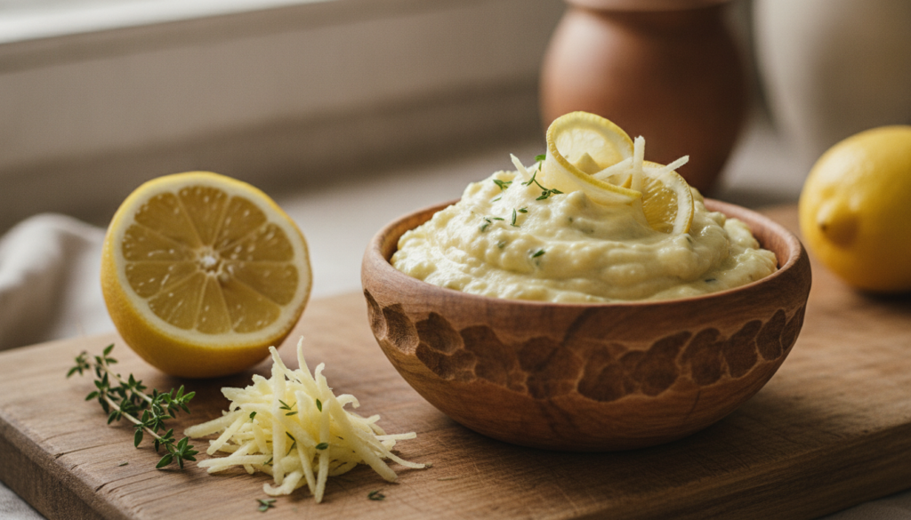 Close-up of a small bowl containing the mixed potato and lemon paste ready for application with a fresh lemon and a grat