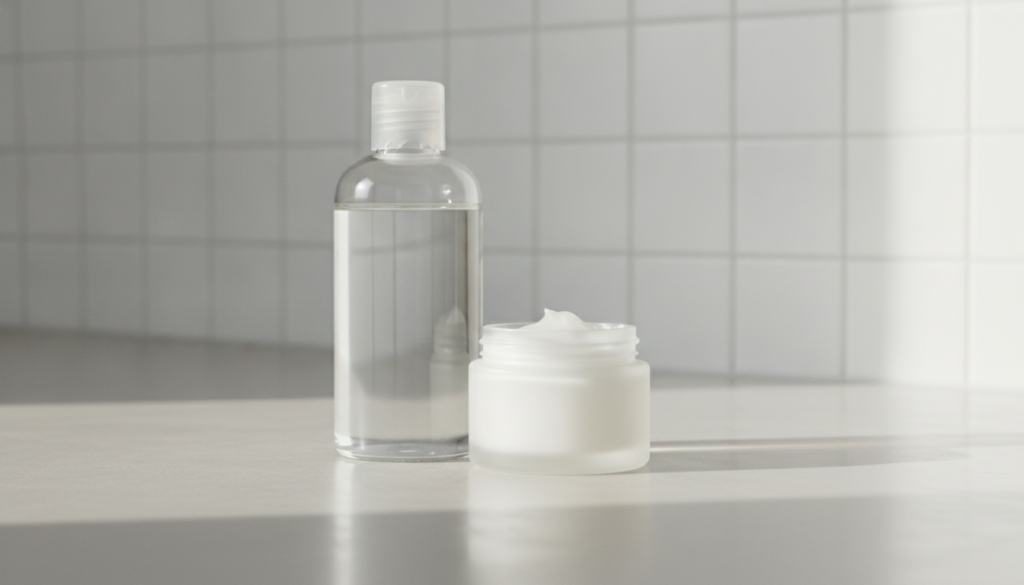 A still life shot of a bottle of baby oil and a jar of petroleum jelly on a clean bright bathroom counter