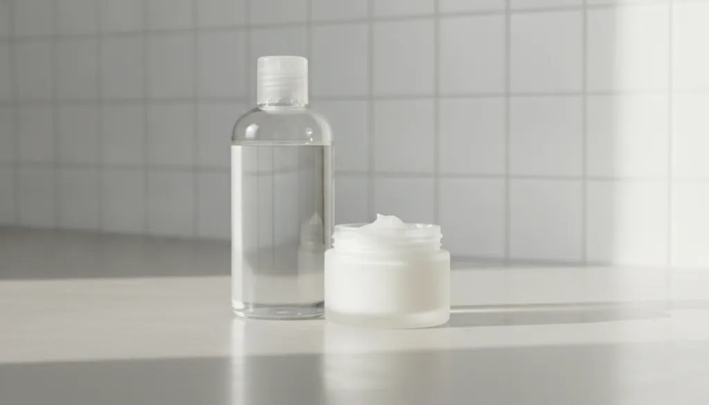 A still life shot of a bottle of baby oil and a jar of petroleum jelly on a clean bright bathroom counter