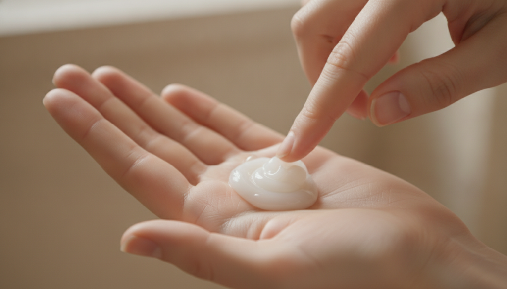 A close-up shot of a hand mixing baby oil and petroleum jelly in the palm preparing for application