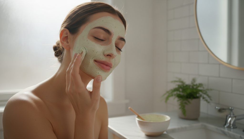 A woman gently applying a homemade face mask to her cheek in a brightly lit bathroom setting