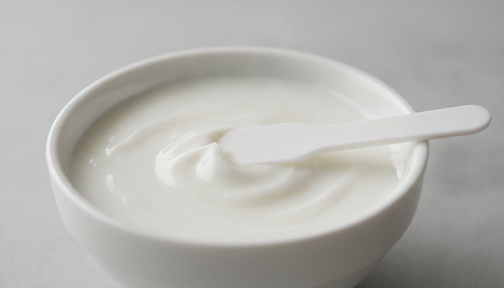 Close-up of a small bowl containing a creamy mixture of Vaseline and baking soda with a spatula resting next to it