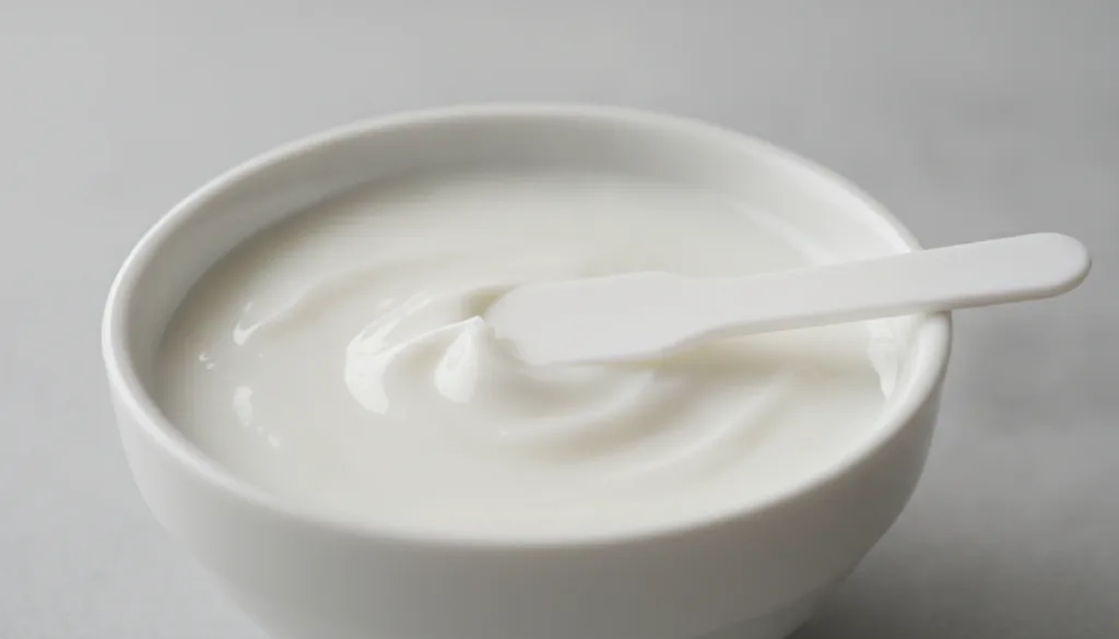 Close-up of a small bowl containing a creamy mixture of Vaseline and baking soda with a spatula resting next to it