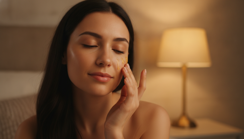 A woman gently applying a few drops of homemade oil to her face at night with a soft glow in the background