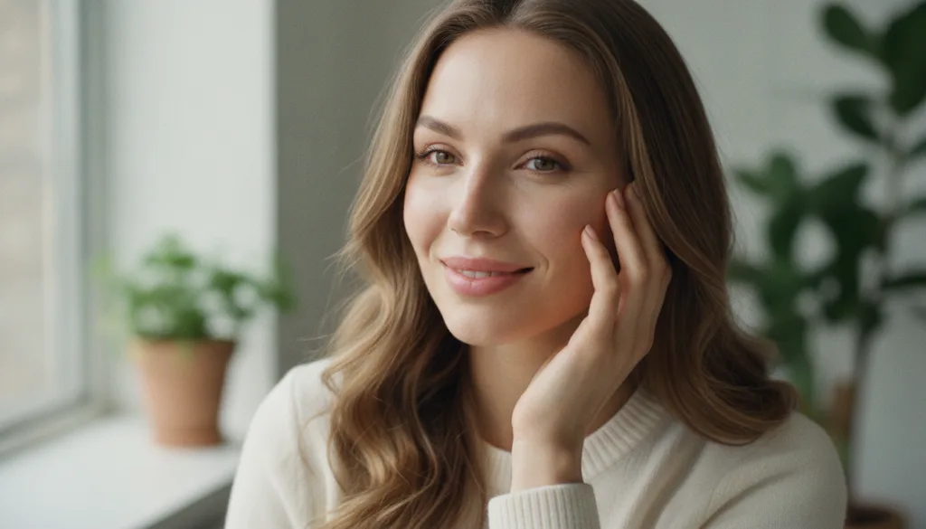 A woman smiling and confidently touching her smooth glowing cheek with soft natural light highlighting her radiant skin