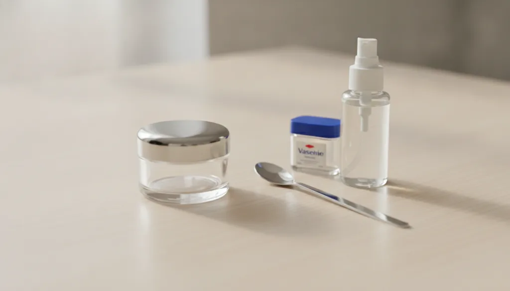 Close-up of a small clean airtight container with a spoon and the ingredients Vaseline and baby oil bottles neatly arran