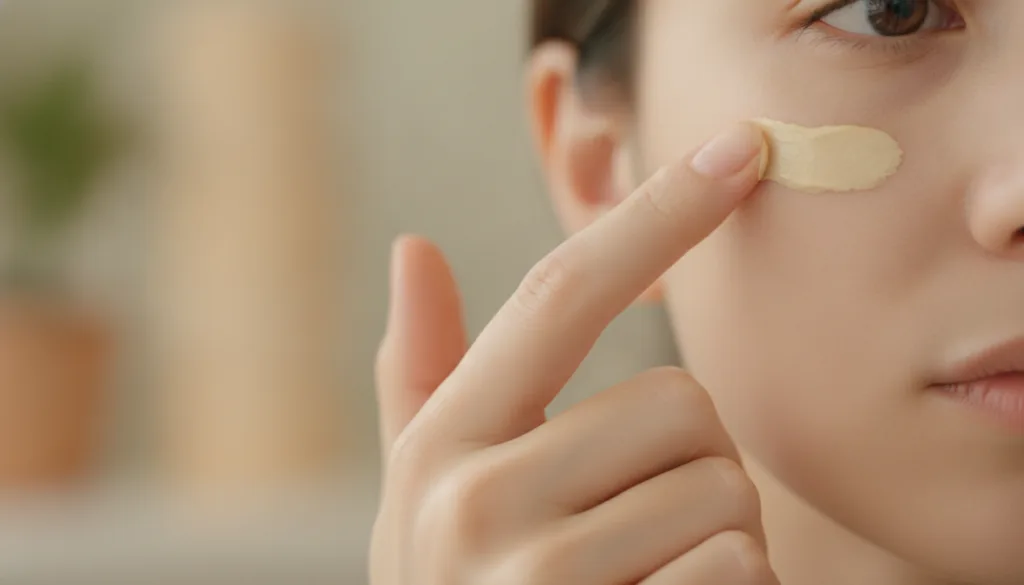 A person gently applying a light yellow paste to their under-eye area with a fingertip demonstrating the application ste
