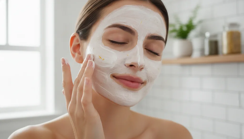 A woman gently massaging a DIY facial mask onto her cheek with a soft glowing complexion