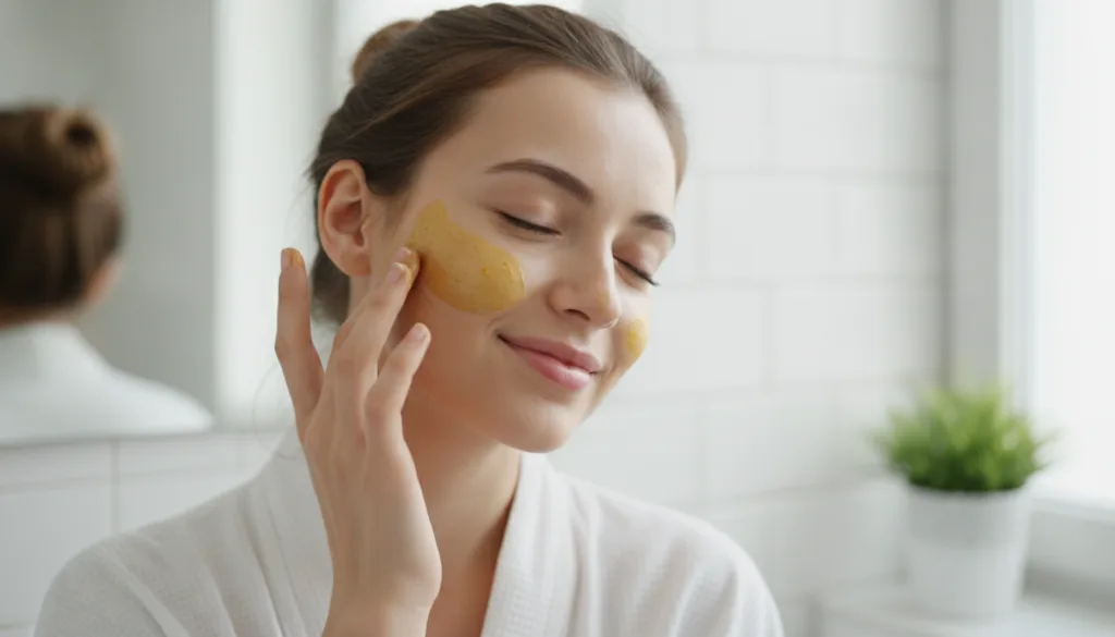 A close-up of a woman applying a DIY face mask possibly with a subtle yellow tint from turmeric to her cheek She has cle