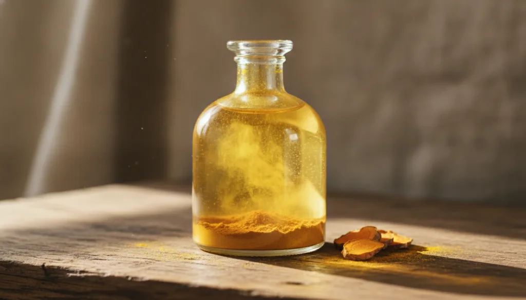 A bottle of baby oil with golden turmeric powder infusing showing the distinct yellow color of the spice