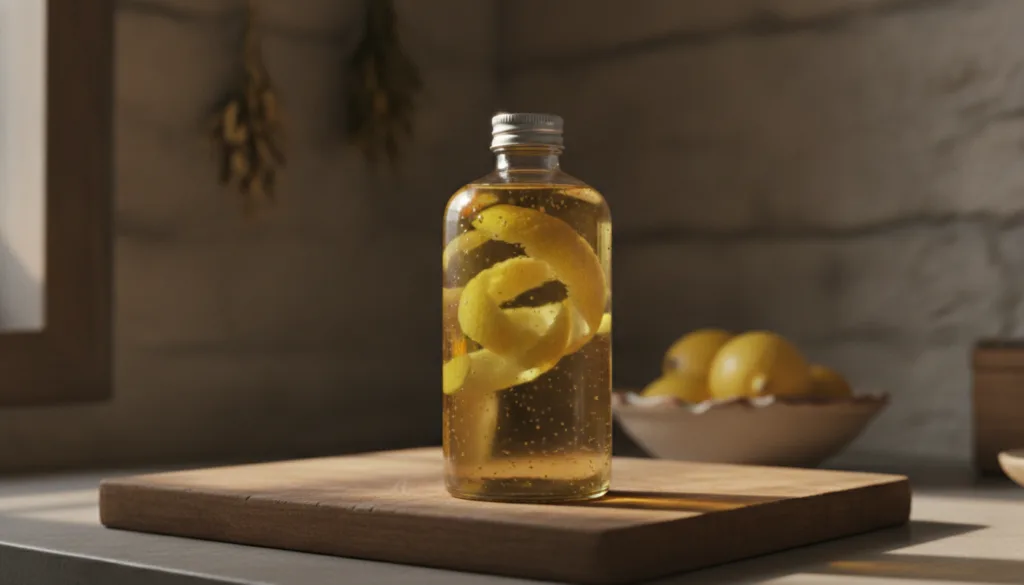 A bottle of baby oil with fresh lemon peels infusing inside it placed in a slightly darkened setting to imply steeping