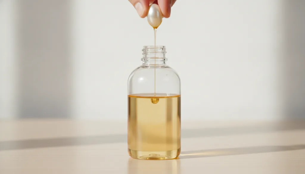 A clear glass bottle of baby oil with Vitamin E capsules or liquid being added to it representing the infusion process