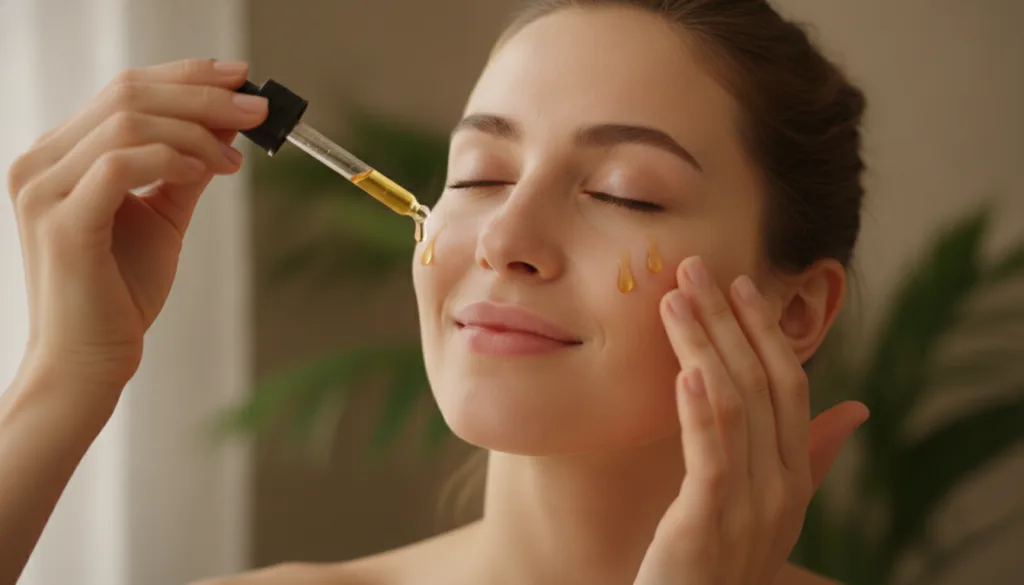 A woman gently applying a few drops of infused oil to her face with a serene expression highlighting a glowing complexio