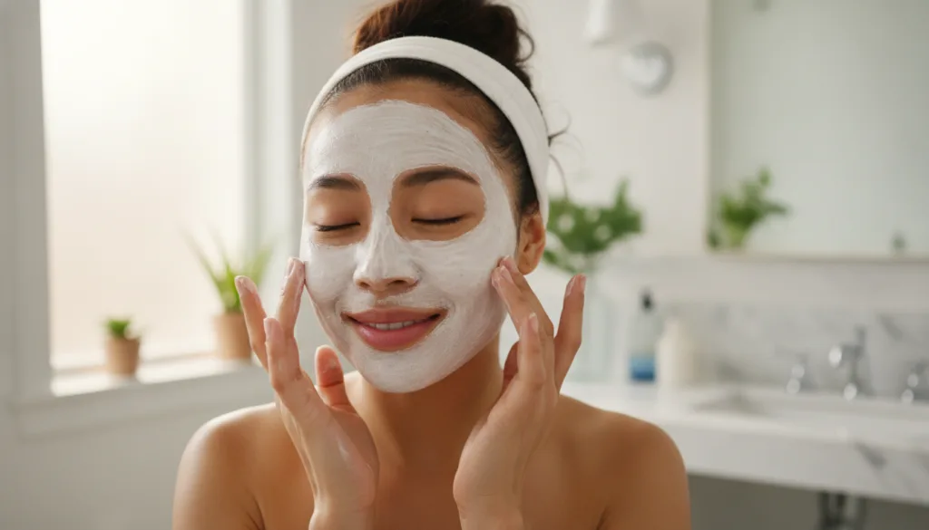 A woman gently applying a homemade face mask to her clean face smiling softly
