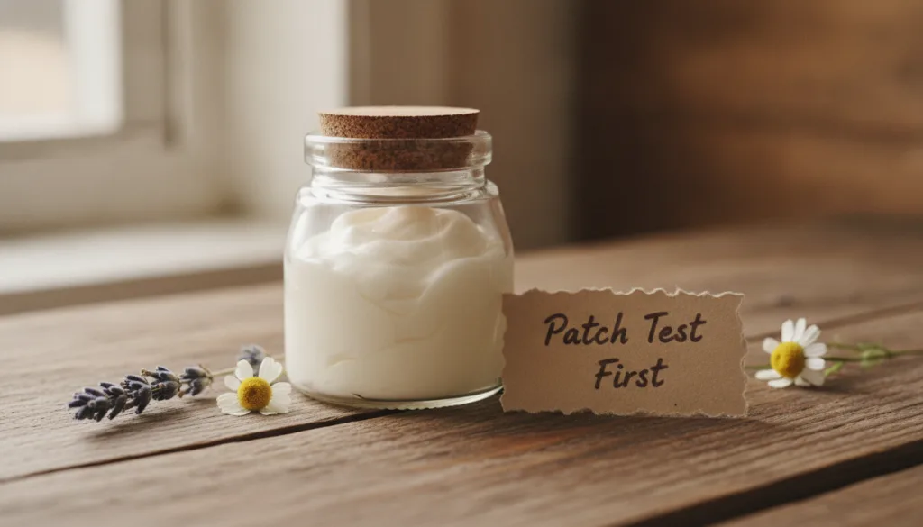 A small clean jar of homemade face mask next to a label reminding Patch Test First