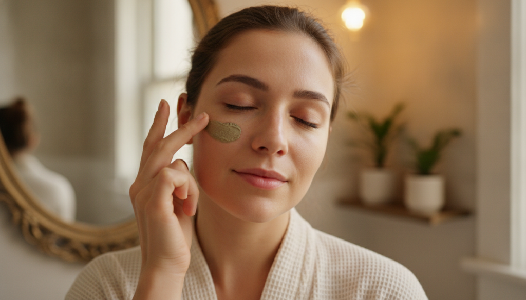 A woman gently applying a small amount of a mixed facial treatment to her under-eye area at night in a soft warm bathroo