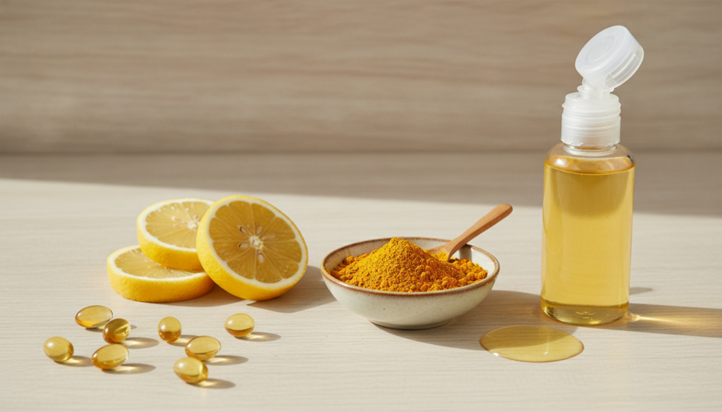 Various natural ingredients for skin care laid out on a clean wooden surface next to an open bottle of baby oil vitamin 
