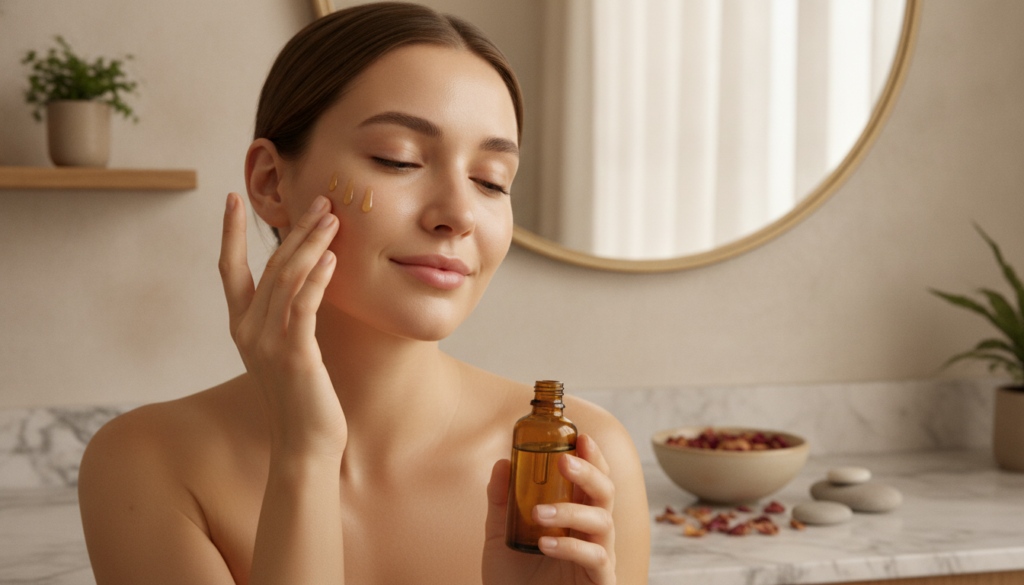 A woman with glowing healthy skin gently applying a few drops of natural infused oil to her face with her fingertips in 