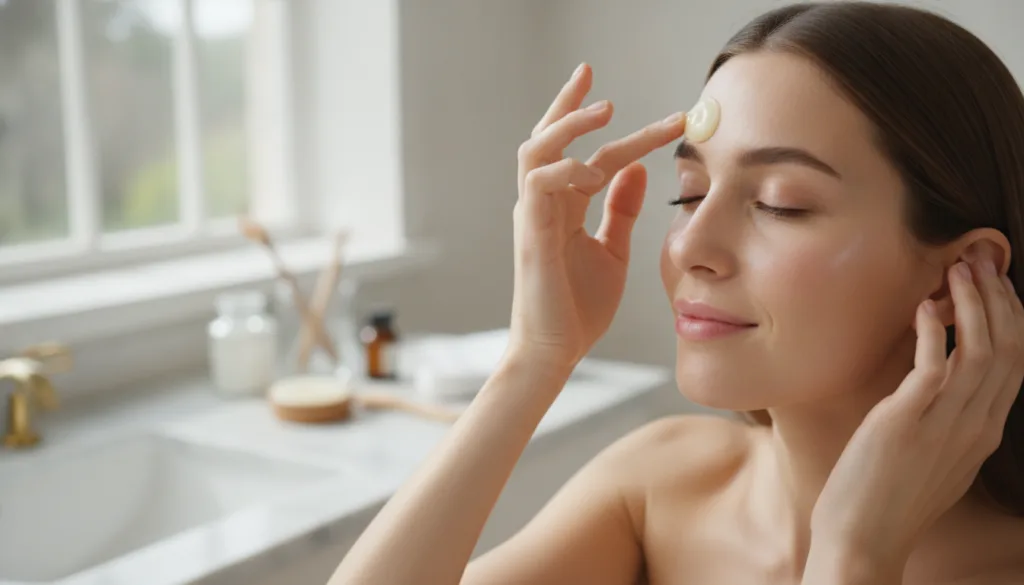A woman gently applying a small amount of the Vaseline and Vitamin E balm to her face focusing on areas like the forehea