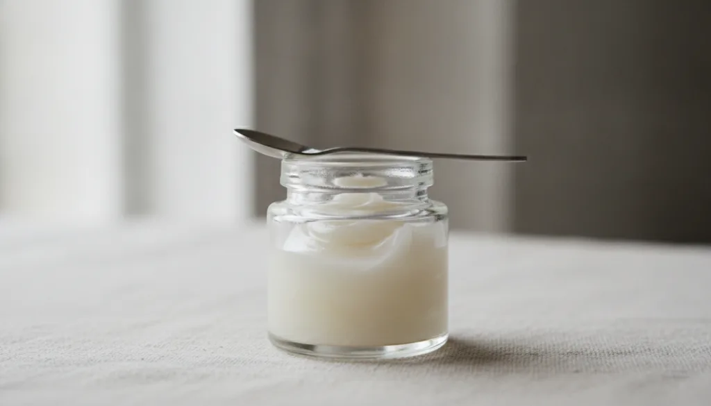 A small glass jar filled with the freshly mixed Vaseline and Vitamin E balm with a tiny spoon resting on the rim showing