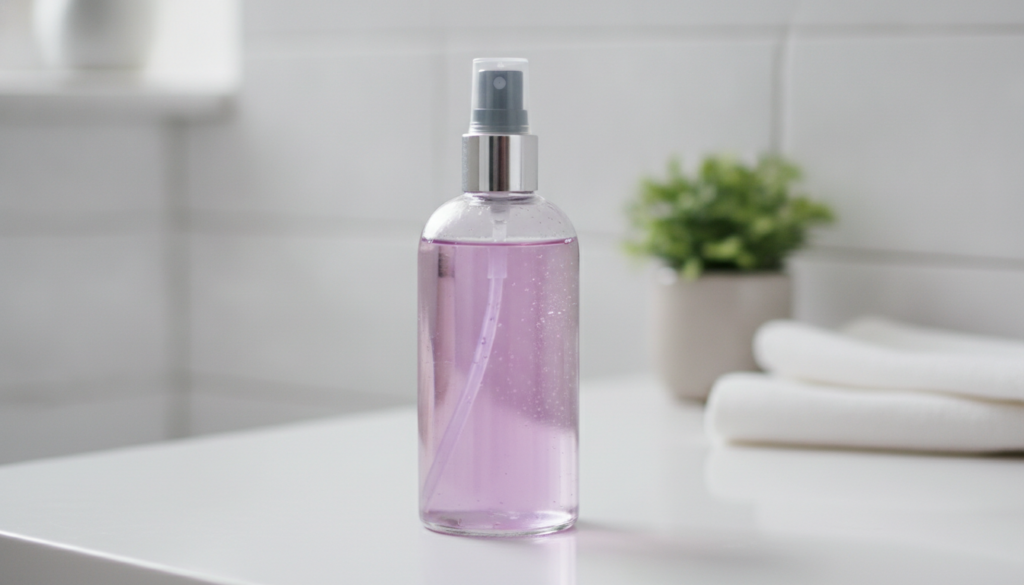 A clear glass spray bottle filled with a light purple liquid representing the finished red onion hair rinse placed on a 