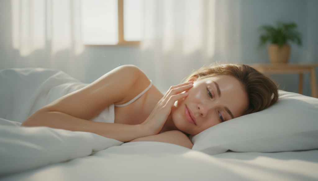 A glowing clear-skinned woman waking up in a bright sunlit room looking refreshed and radiant gently touching her face