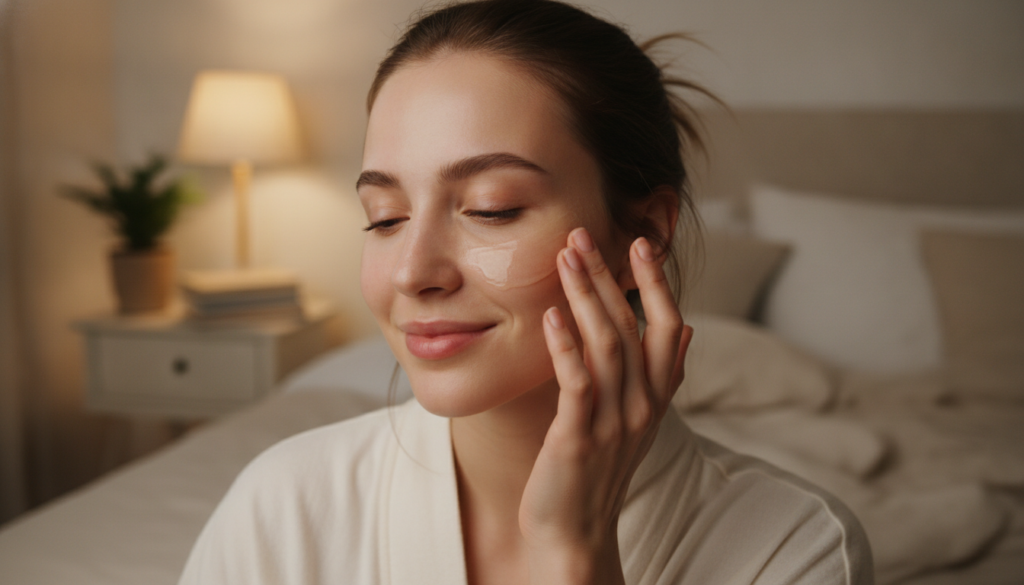 A woman gently massaging a thin layer of the Vaseline and baby oil mixture onto her clean face before bedtime with a sof