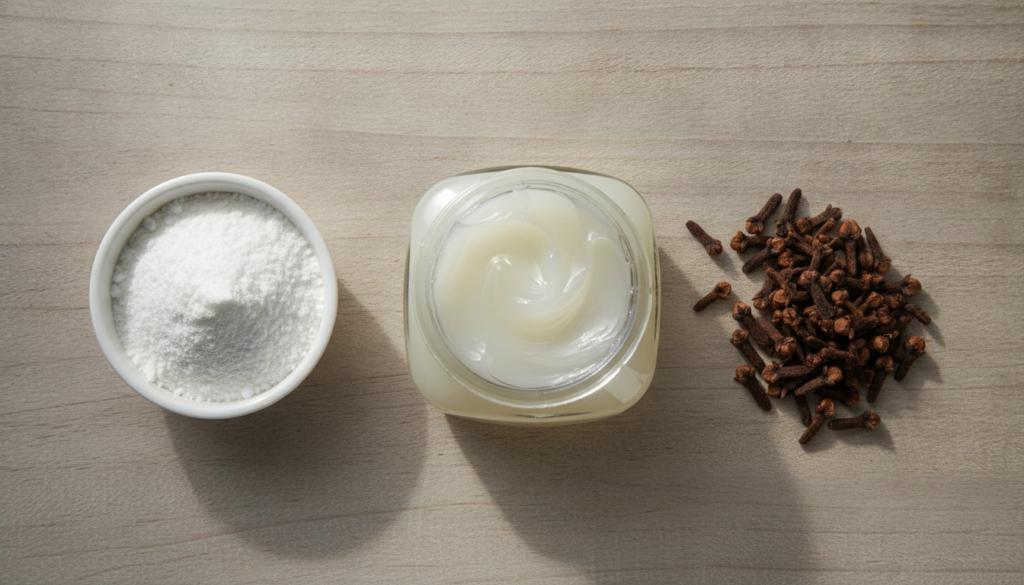 Various natural ingredients including a tub of Vaseline a bowl of rice powder and a small pile of whole cloves neatly ar
