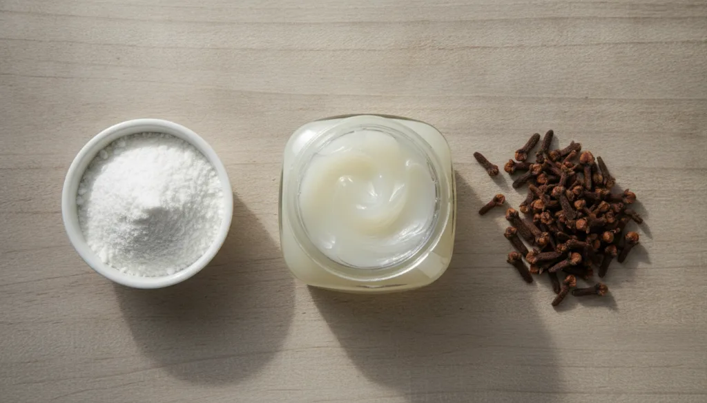 Various natural ingredients including a tub of Vaseline a bowl of rice powder and a small pile of whole cloves neatly ar