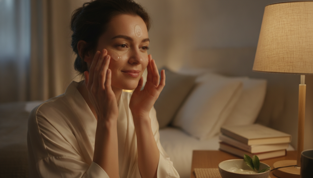 A woman gently applying a small amount of the DIY night gel to her clean face before bedtime with a soft glowing complex