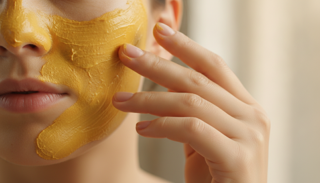 A close-up of a DIY face mask being applied to clean skin showing the golden yellow color of the turmeric and Vaseline m