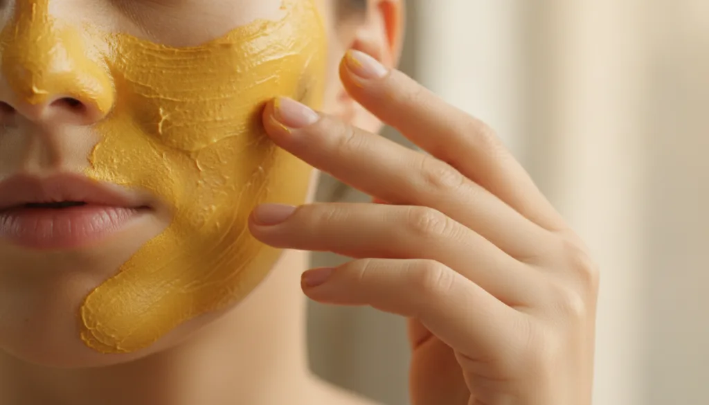 A close-up of a DIY face mask being applied to clean skin showing the golden yellow color of the turmeric and Vaseline m