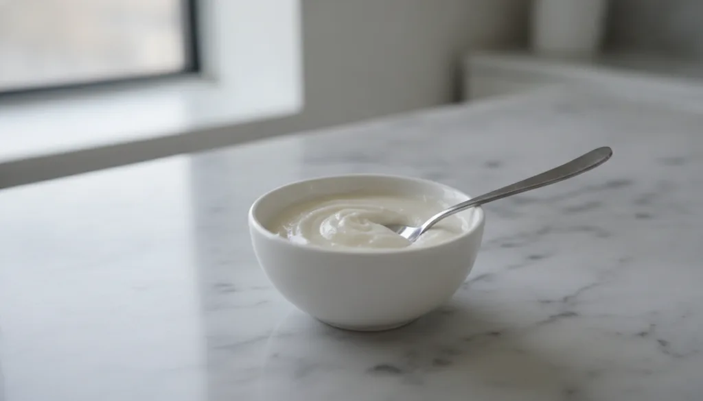 A close-up shot of a small white bowl on a marble surface with a mixture of Vaseline and baking soda being stirred gentl
