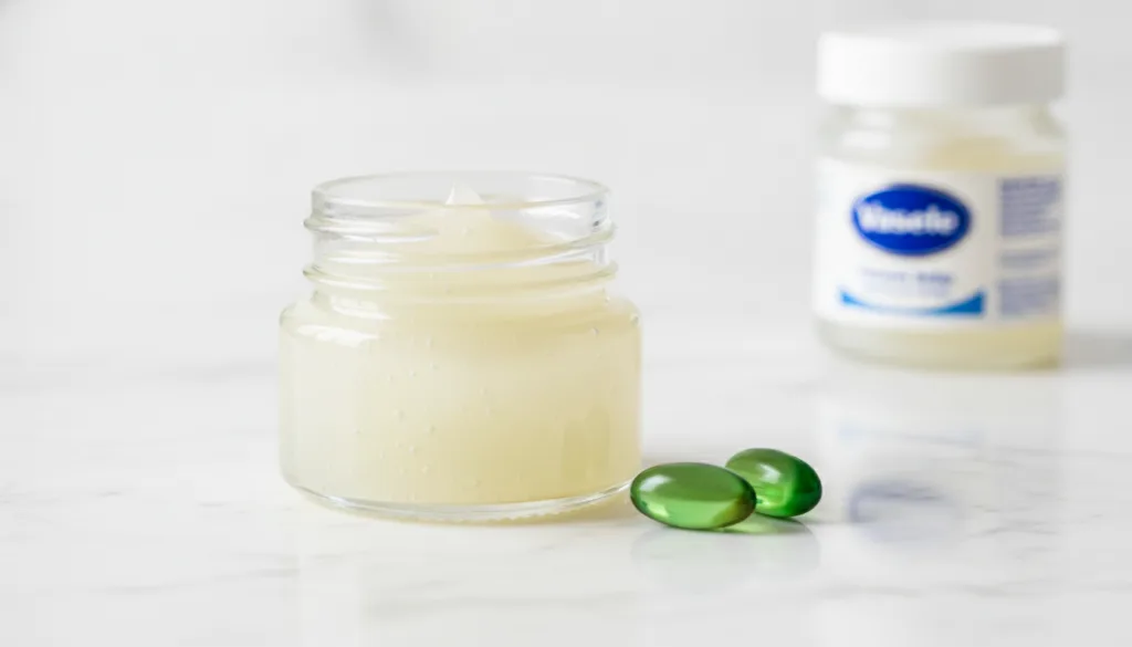 A small clear glass jar filled with a smooth light yellow homemade night gel with a couple of Vitamin E softgels and a s